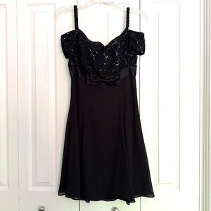 Vtg Coty USA Black Mini Dress Lace Sequin Bow Top Off Shoulder Fit Flare Size S